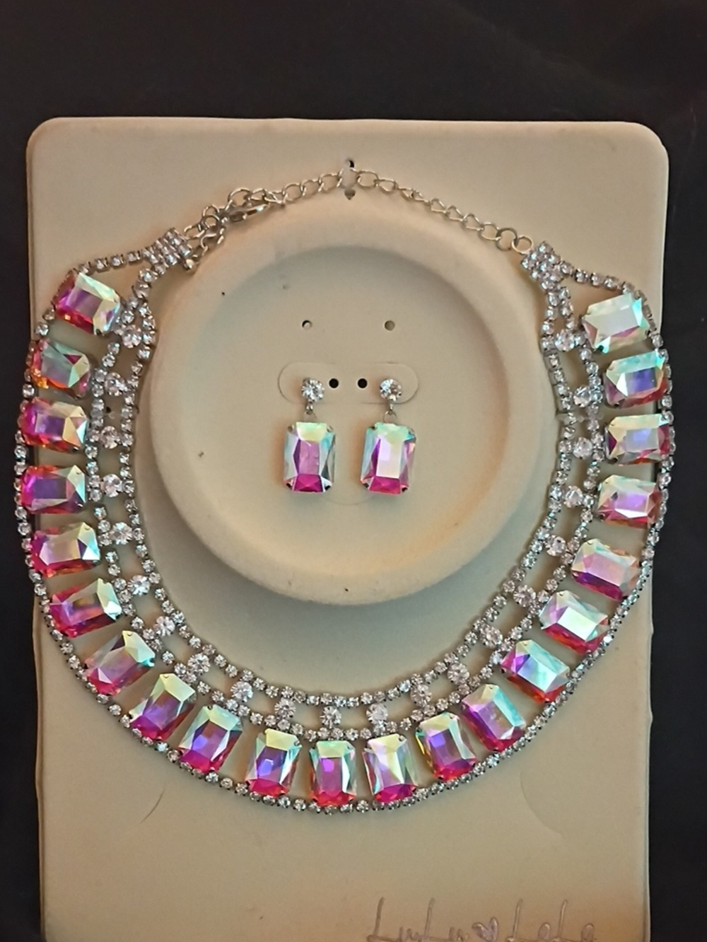 Rhinestone Multi-Color Iridescent Statement Necklace and Earring Set